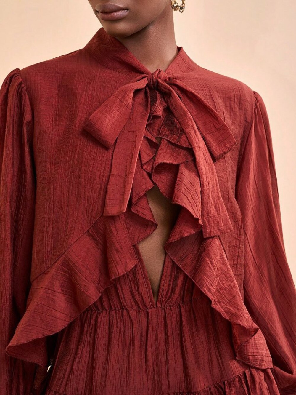 Rust Brown Boho Women's Mini Dress with Sleeves and Ruffle Details - Picture 6 of 6